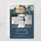 Foto afstuderen met modern elegant floral gold aankondiging (Voorkant)