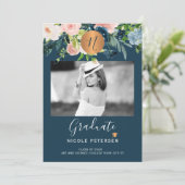 Foto afstuderen met modern elegant floral gold aankondiging (Staand voorkant)
