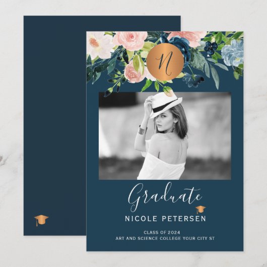 Foto afstuderen met modern elegant floral gold aankondiging (Voorkant / Achterkant)