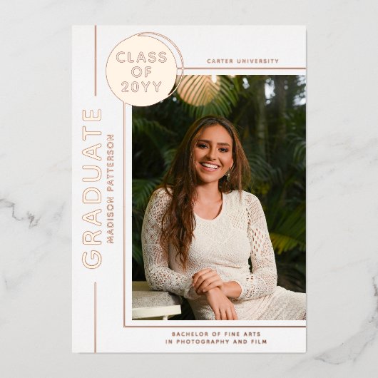 Foto Afstuderen Modern Script Roos Gold Folie Uitnodiging (Voorkant)