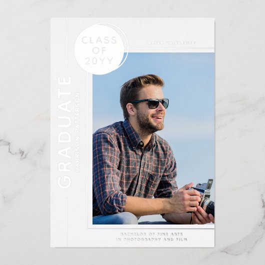 Foto Afstuderen Modern Script Silver Folie Uitnodiging (Voorkant)