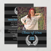 Foto Afstuderen Monogram Black Light Blue Preppy Kaart (Voorkant / Achterkant)