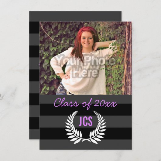 Foto Afstuderen Monogram Black Paars Preppy Kaart (Voorkant / Achterkant)