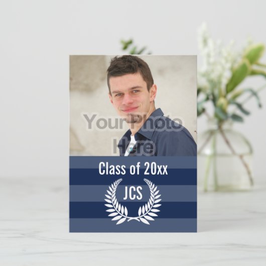 Foto Afstuderen Monogram Laurel Blue Stripe Kaart (Staand voorkant)