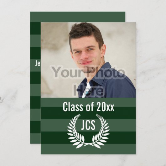 Foto Afstuderen Monogram Laurel Green Stripe Kaart (Voorkant / Achterkant)
