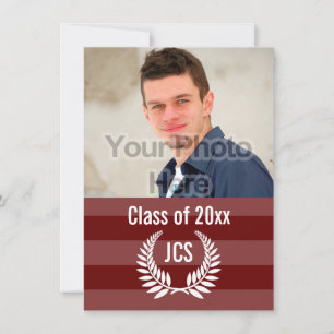 Foto Afstuderen Monogram Laurel Red Maroon Stripe Kaart