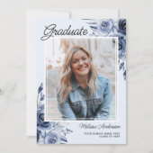 Foto Afstuderen Navy Blue Flowers aankondiging (Voorkant)