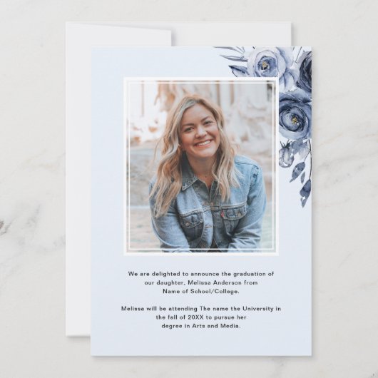 Foto Afstuderen Navy Blue Flowers aankondiging (Achterkant)