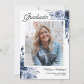 Foto Afstuderen Navy Blue Flowers aankondiging (Voorkant)