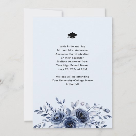 Foto Afstuderen Navy Blue Flowers aankondiging (Achterkant)