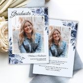 Foto Afstuderen Navy Blue Flowers aankondiging
