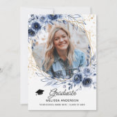 Foto Afstuderen Navy Blue Flowers aankondiging (Voorkant)