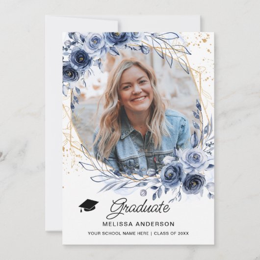 Foto Afstuderen Navy Blue Flowers aankondiging (Voorkant)