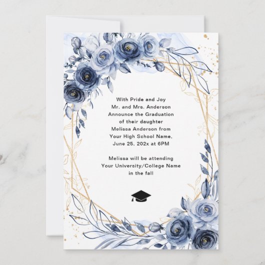 Foto Afstuderen Navy Blue Flowers aankondiging (Achterkant)