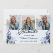 Foto Afstuderen Navy Blue Flowers aankondiging (Voorkant)