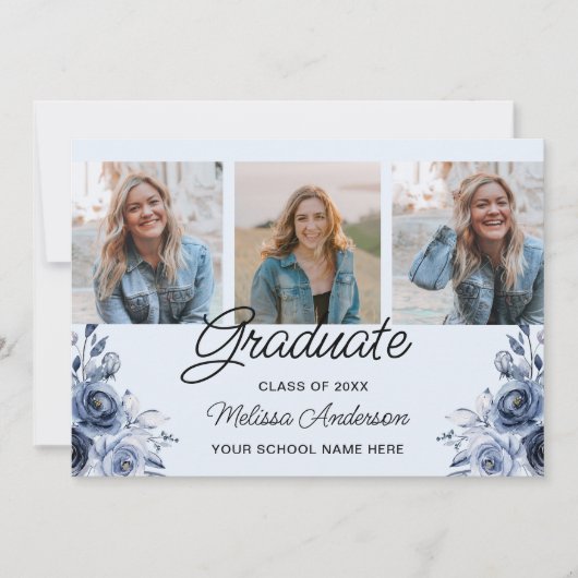 Foto Afstuderen Navy Blue Flowers aankondiging (Voorkant)