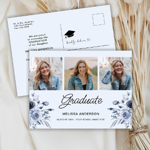 Foto Afstuderen Navy Blue Flowers aankondiging Briefkaart