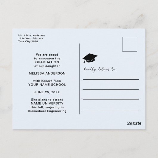 Foto Afstuderen Navy Blue Flowers aankondiging Briefkaart (Achterkant)