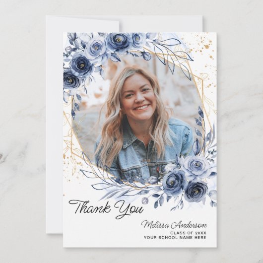 Foto Afstuderen Navy Blue Flowers Bedankt (Voorkant)