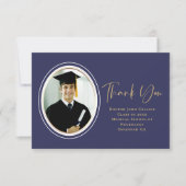 Foto Afstuderen Navy Blue Gold Script Minimal Bedankkaart (Voorkant)