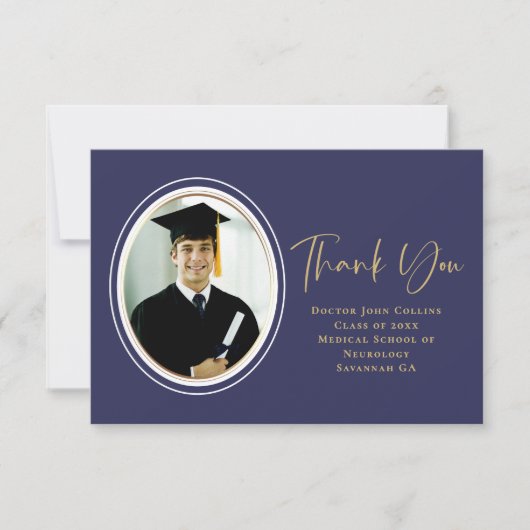 Foto Afstuderen Navy Blue Gold Script Minimal Bedankkaart (Voorkant)