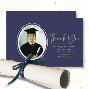 Foto Afstuderen Navy Blue Gold Script Minimal Bedankkaart