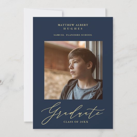 Foto Afstuderen Navy Whimsical Modern Calligrafie Kaart (Voorkant)