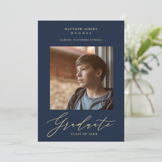 Foto Afstuderen Navy Whimsical Modern Calligrafie Kaart (Staand voorkant)