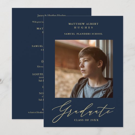 Foto Afstuderen Navy Whimsical Modern Calligrafie Kaart (Voorkant / Achterkant)