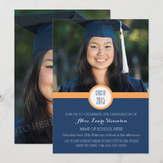 Foto Afstuderen Party Invitation Blauw Sinaasappel Kaart (Voorkant / Achterkant)