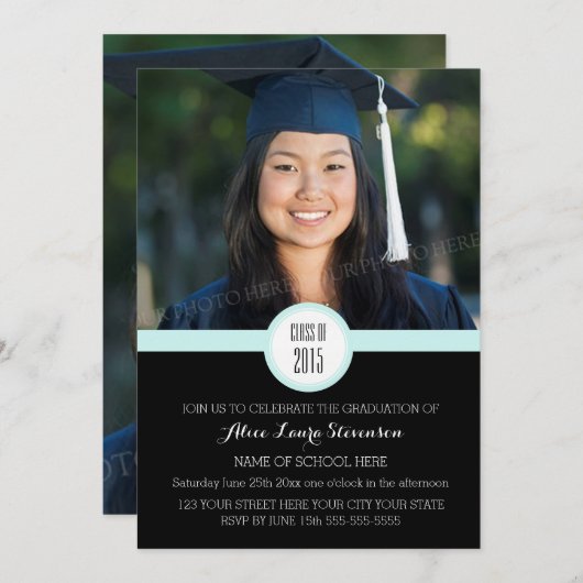 Foto Afstuderen Party Uitnodiging Black Sky Blue (Voorkant / Achterkant)