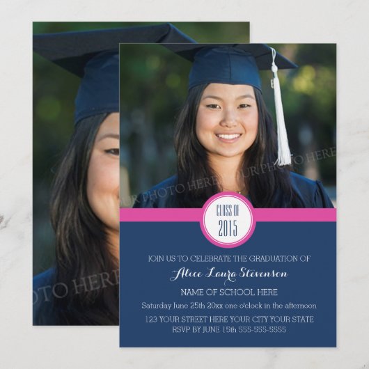Foto Afstuderen Party Uitnodiging Blauw Roze (Voorkant / Achterkant)