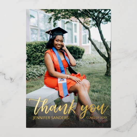 Foto Afstuderen Pet kalligrafie Dank u Folie Uitnodiging (Voorkant)