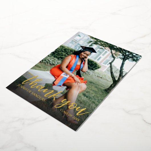 Foto Afstuderen Pet kalligrafie Dank u Folie Uitnodiging (Gedraaid)