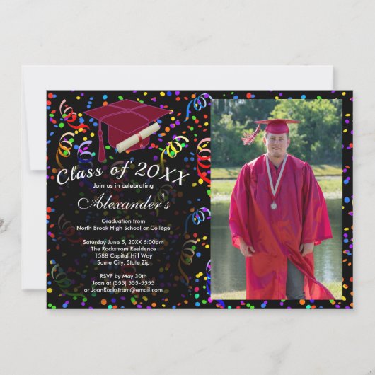 Foto Afstuderen Rood Pet Confetti Class 20XX Party Kaart (Voorkant)