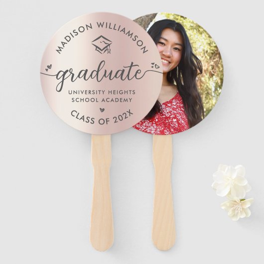 Foto Afstuderen roze roze roodroepletscript harten Handwaaier (Voorkant en achterkant)