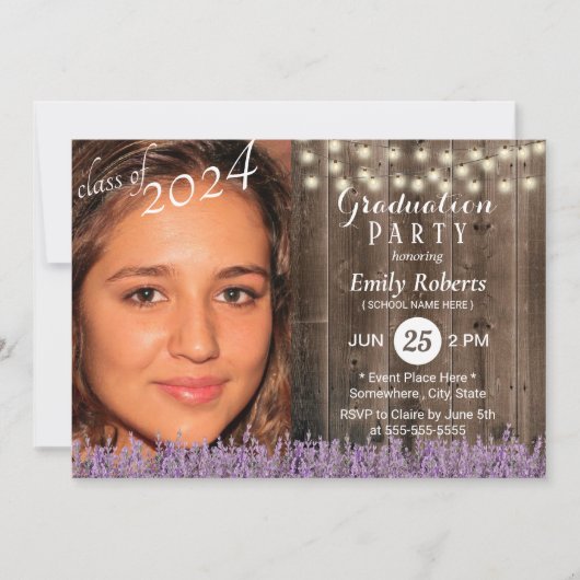 Foto Afstuderen Rustic Wood Lavender Floral Kaart (Voorkant)