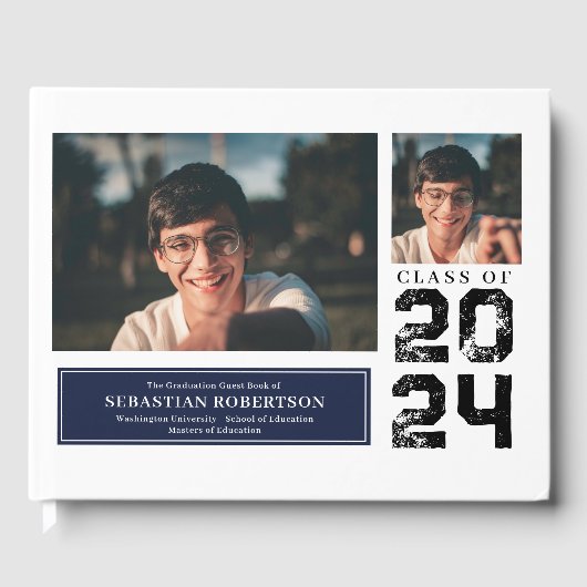 Foto Afstuderen School Blauw en Wit Gastenboek (Voorkant)