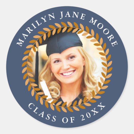 Foto Afstuderen Sticker Laurel Wreath Navy Round (Voorkant)