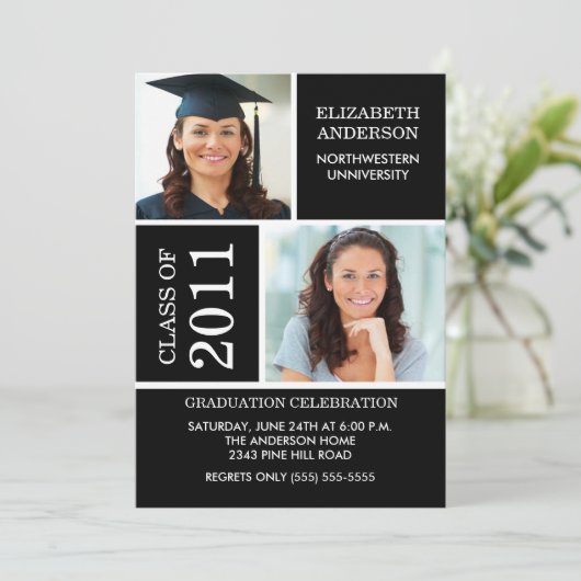 Foto Afstuderen-uitnodiging ~Classy Black & White Kaart (Staand voorkant)