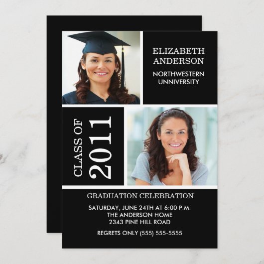 Foto Afstuderen-uitnodiging ~Classy Black & White Kaart (Voorkant / Achterkant)