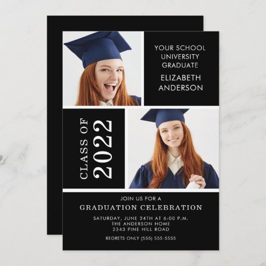 Foto Afstuderen-uitnodiging ~Classy Black & White Kaart (Voorkant / Achterkant)