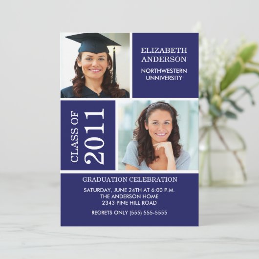 Foto Afstuderen-uitnodiging ~Classy Blue & White Kaart (Staand voorkant)