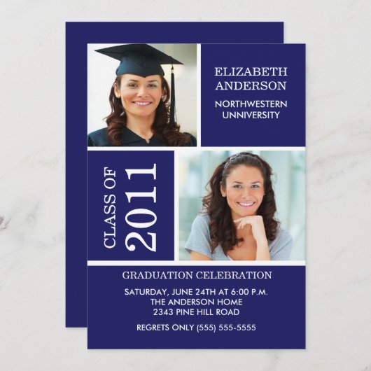 Foto Afstuderen-uitnodiging ~Classy Blue & White Kaart (Voorkant / Achterkant)