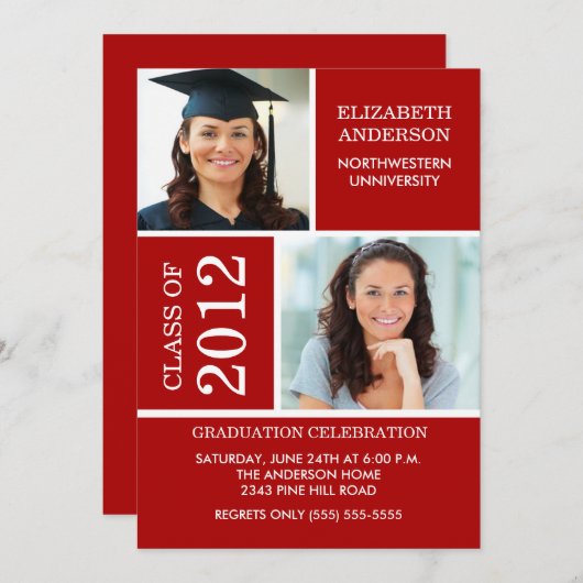 Foto Afstuderen-uitnodiging ~Classy Red & White Kaart (Voorkant / Achterkant)