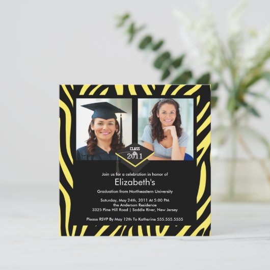 Foto Afstuderen Uitnodiging Geel Zebra Afdrukken (Staand voorkant)