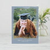 Foto afstuderen-uitnodiging, modern stoffig blauw kaart (Staand voorkant)