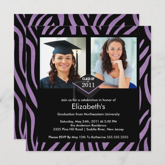 Foto Afstuderen Uitnodiging Paarse Zebra Print (Voorkant / Achterkant)