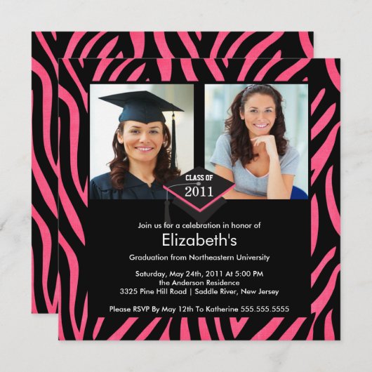 Foto Afstuderen Uitnodiging Roze Zebra Afdrukken (Voorkant / Achterkant)