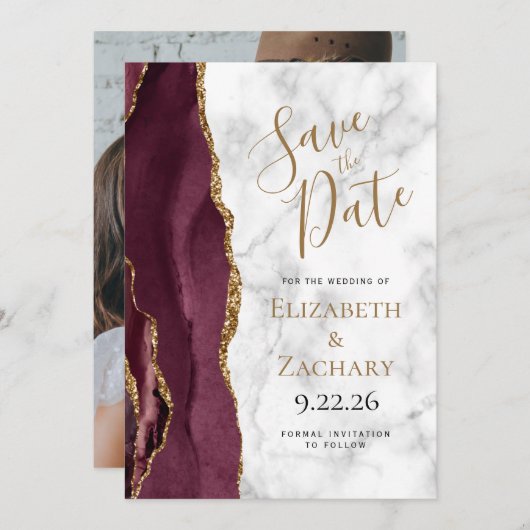 Foto Agate Burgundy Gold Marble Save the Date Kaart (Voorkant / Achterkant)